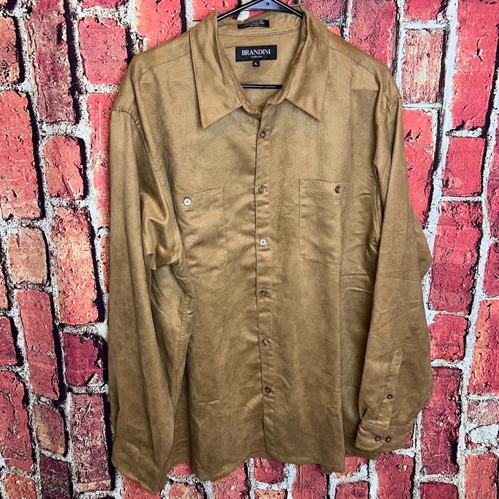 Brandini Shirt Men's XL Brown Button Up Long Sleeve Micro Suede Collared Travel!